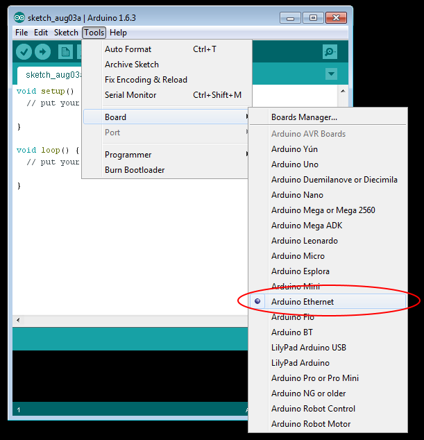 Check the type of board in the Arduino IDE
